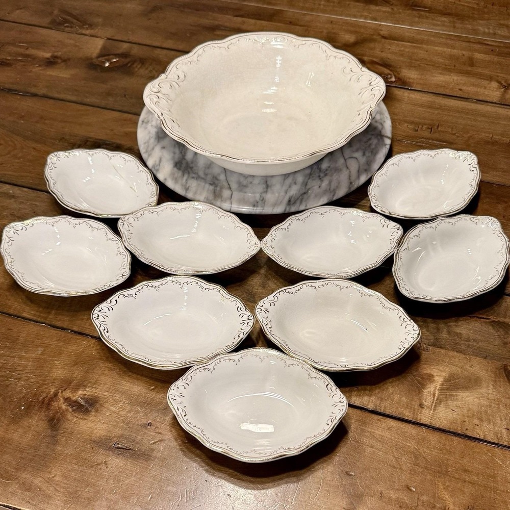 10pc VTG Antique W H Grindley White Scallop Gold China Serving Bowl Set England - Picture 2 of 10